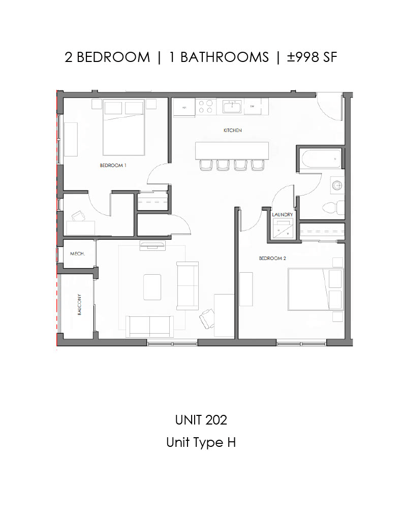 2 bedroom, 1 bathroom 998 square feet floor plan